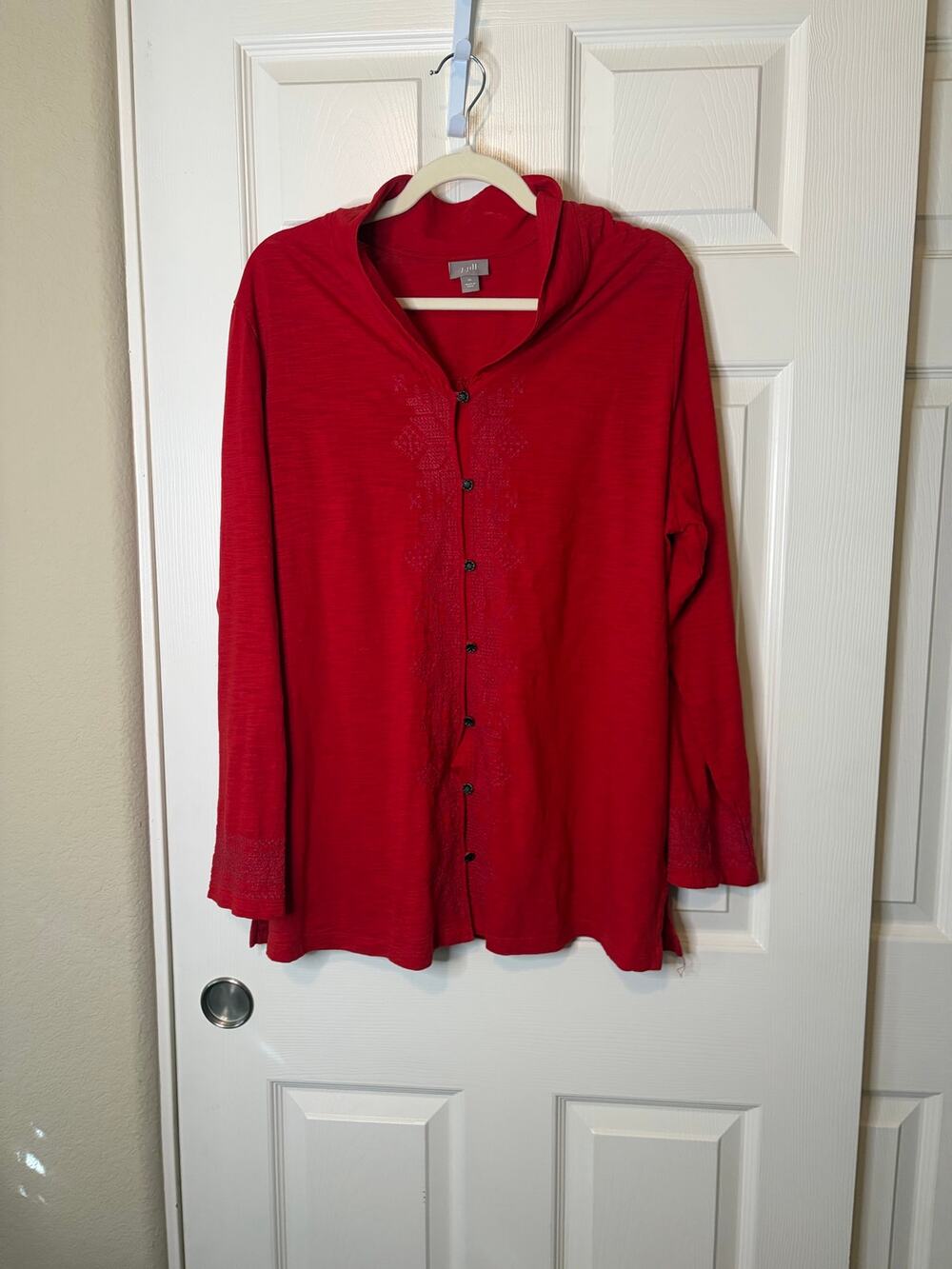 Women’s J. Jill Red L/S Button Up Cotton Knit Embroidered Top XL